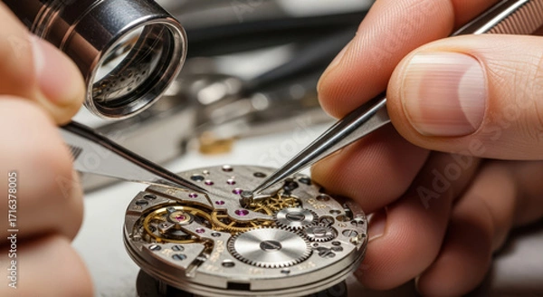 Fototapeta Precision Timekeeping A Watchmaker's Delicate Touch in Assembling Intricate Clockwork Mechanisms with Magnifying Glass and Tweezers for Optimal Performance