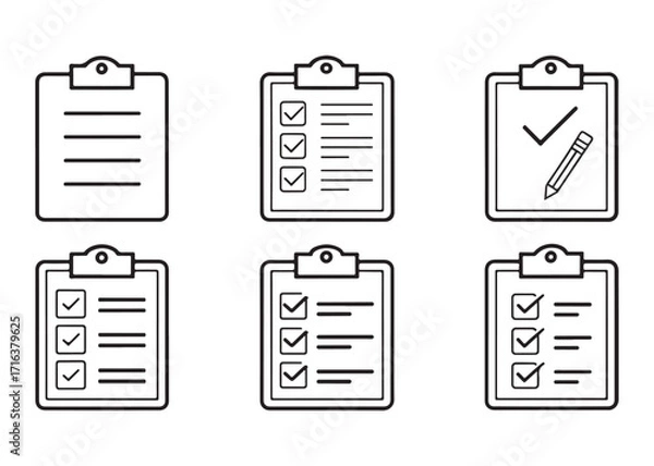 Fototapeta Clipboard vector icons set for task management and project organization symbolizing productivity and planning efficiency and completion with check marks