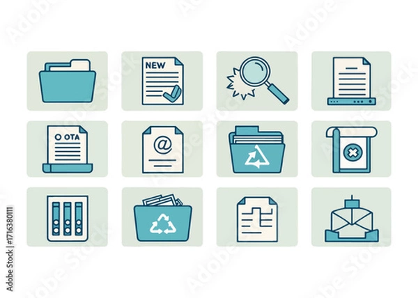 Fototapeta Collection of Business and Office Icons Depicting Files Documents and Communication Tools for Modern Workflow