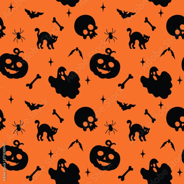 Fototapeta Halloween pattern with spooky silhouettes - pumpkin, skull, ghost, bats, black cat, spider, bones. Ideal for festive design for Halloween decoration, textile, print and wrapping paper.
