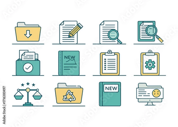 Fototapeta Collection of Business and Office Icons with Documents Folders and Legal Balance Scale representing Various Office Tasks and Workflow Management