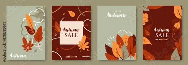 Fototapeta Set of modern autumn sale posters with decorative fall leaves in warm colors. Stylish flat vector design for autumn promotions, discounts, and advertisements. Ideal for flyer, banner, social media.
