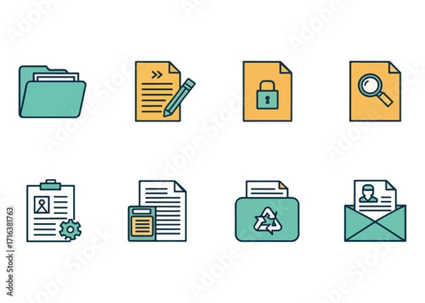 Fototapeta Collection of Business Icons Representing Data Management and Communication in the Digital Workplace and Office Setting