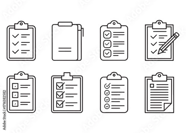Fototapeta Collection of Clipboard Checklist Icons Representing Task Management Planning and Productivity in Various Forms for Business and Personal Use