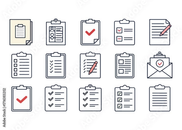 Fototapeta Collection of clipboard icons representing tasks and forms used in business and education showcasing organization and project management with a clean and modern design