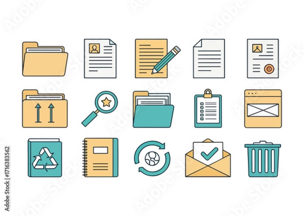 Fototapeta Collection of colorful office icons for web design featuring documents folders and stationery representing business administration and organization