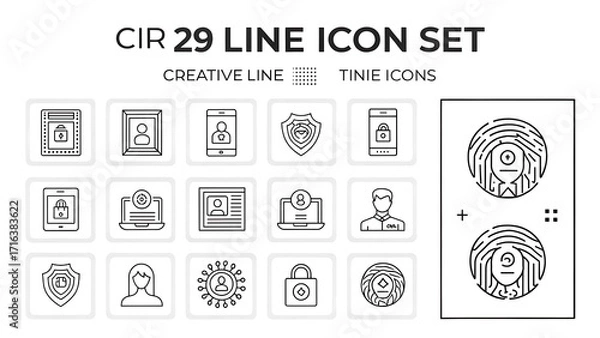 Fototapeta Collection of 15 Black Outline Icons Showcasing Security, User Profiles, and Contact Tracing on a White Background.                                   