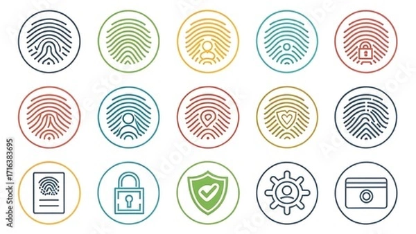 Fototapeta Assorted Fingerprint Icon Set: Modern Authentication and Identification Symbols                                                                       