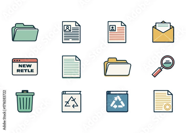 Fototapeta Collection of colorful and modern document and data icons representing file management and office paperwork essential for productivity and organization