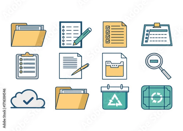 Fototapeta Collection of Document Icons for Business and Office Work with Folders and Checklists for Organization and Management