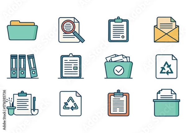 Fototapeta Collection of Office Paperwork and Document Icons Depicting Organization and Management for Business and Administration