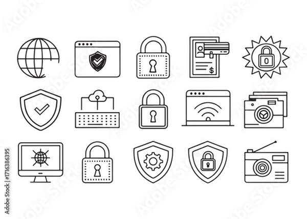 Fototapeta Collection of Security and Technology Icons with Padlocks Shields and Network Symbols for Data Protection and Cybersecurity Concepts