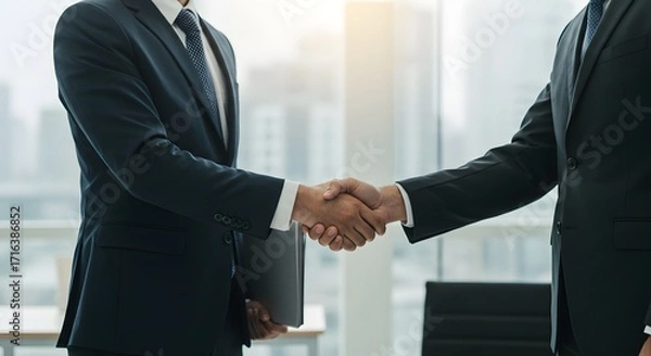 Obraz Handshake in Office: Capturing a moment of agreement and collaboration, this image features two professionals engaging in a firm handshake, signifying the completion of a deal.