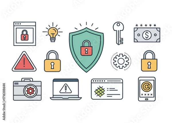 Fototapeta Cybersecurity and Data Protection Icons for Website and Mobile App Design Security Measures and Digital Safety Elements