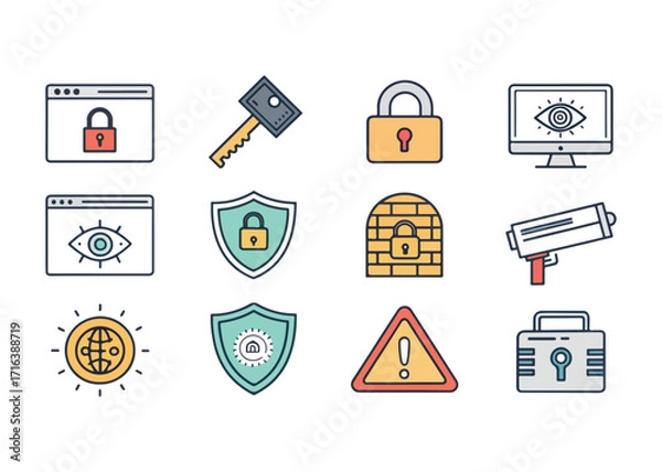 Fototapeta Cybersecurity and Data Protection Flat Vector Icons Set Internet Security Measures