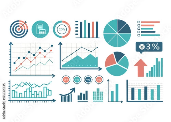 Fototapeta Diverse business data charts and graphs displaying growth progress and statistical analysis for presentations and reports