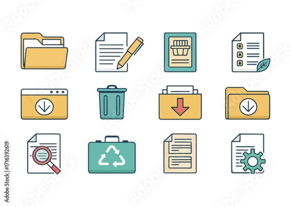 Fototapeta Flat Design Vector Icons for Data Management and Environmental Awareness Featuring Files and Recycling Symbols