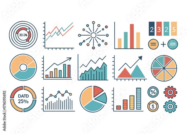 Fototapeta Infographic Set of Business Charts and Graphs for Data Analysis and Reporting Modern Flat Line Style Visualizations for Presentations and Dashboards