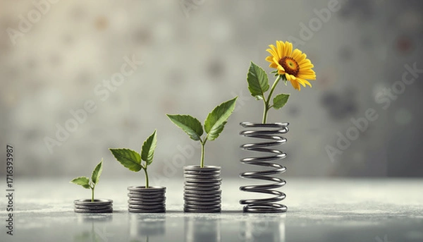 Fototapeta A metal spring transforming into a blooming flower at the top, resilience and growth