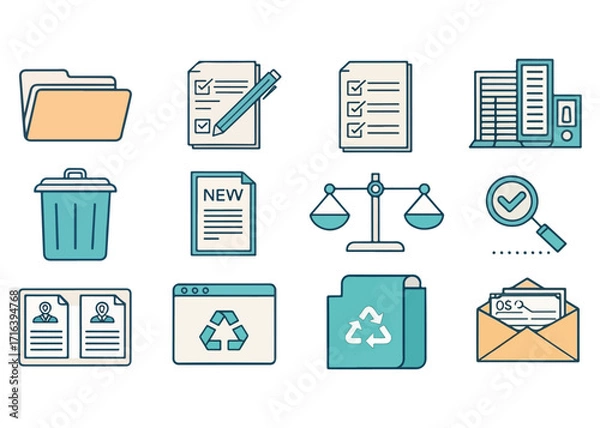 Fototapeta Office documents and business symbols in flat design representing tasks correspondence recycling and file management