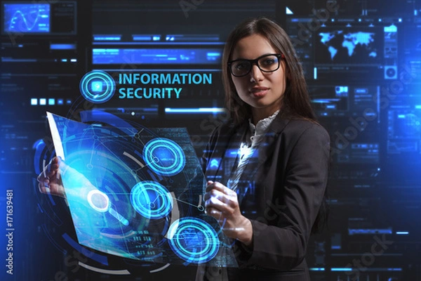 Fototapeta The concept of business, technology, the Internet and the network. A young entrepreneur working on a virtual screen of the future and sees the inscription: Information security