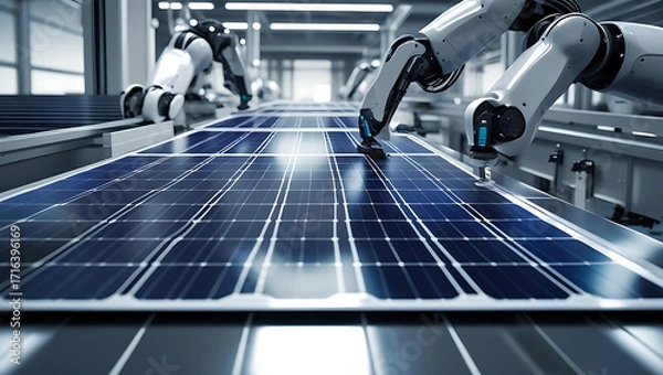 Fototapeta Robotic arms precisely assembling solar panels on an automated production line in a modern factory