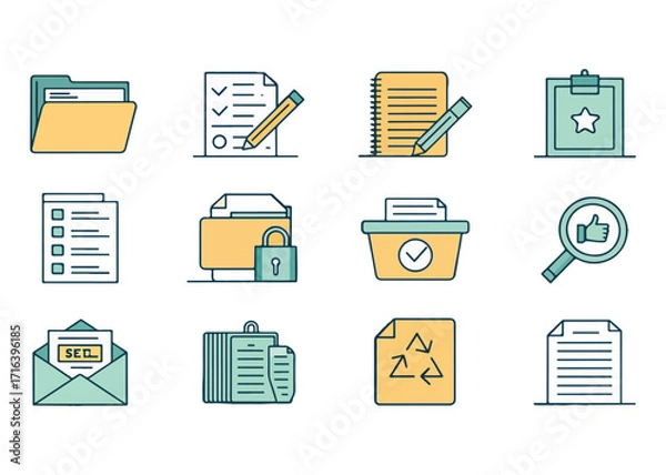 Fototapeta Paperwork and Organization Icon Set Vector Illustration for Business Management and Productivity Applications with Folders Documents and Stationery