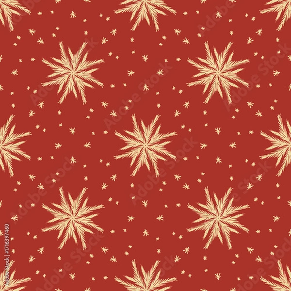 Fototapeta seamless pattern on red background with stars and snowflake 