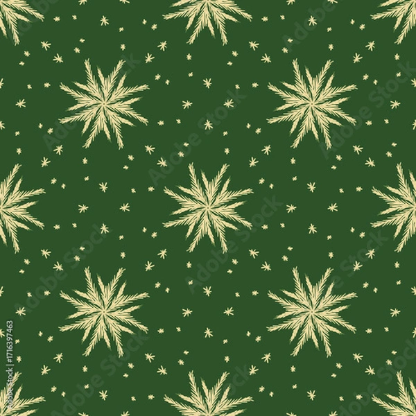 Fototapeta seamless pattern ongreen background with stars and snowflake 