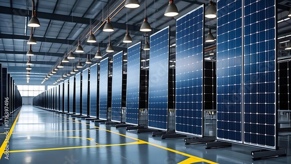Fototapeta Rows of modern solar panels are displayed vertically in a clean industrial warehouse setting