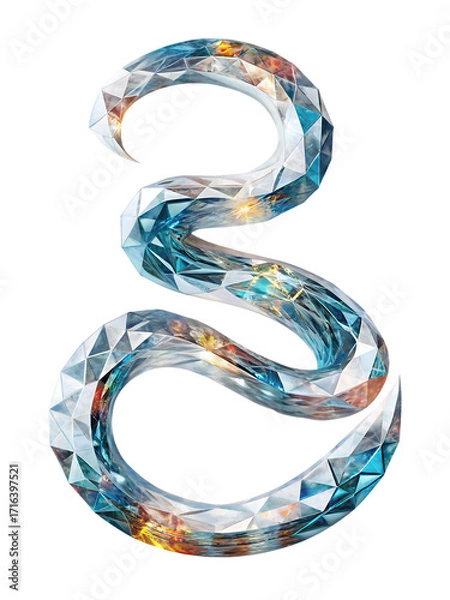 Fototapeta Crystal number three with faceted geometric facets and colorful reflections digit isolated on a transparent background