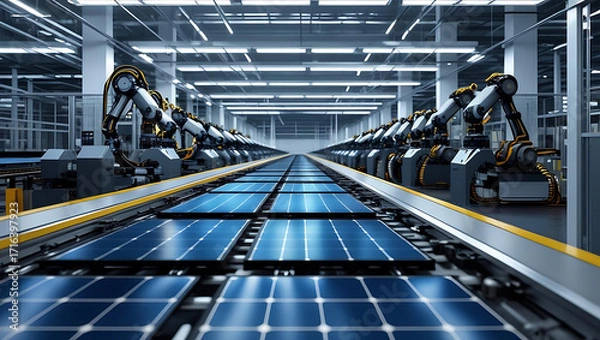 Fototapeta Robotic arms assemble solar panels on a modern automated manufacturing production line