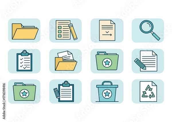 Fototapeta Set of Office and Business Icons with Folders Documents and Stationery in Modern Flat Design Style