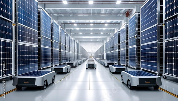 Fototapeta Automated robots with solar panels transport stacked solar panels in a modern warehouse facility