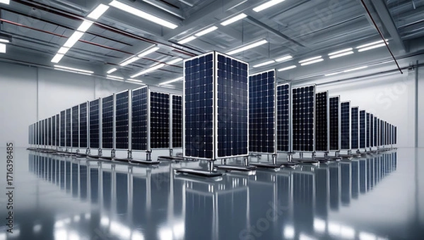Fototapeta Rows of modern solar panels arranged in a clean bright industrial warehouse setting with reflective floor