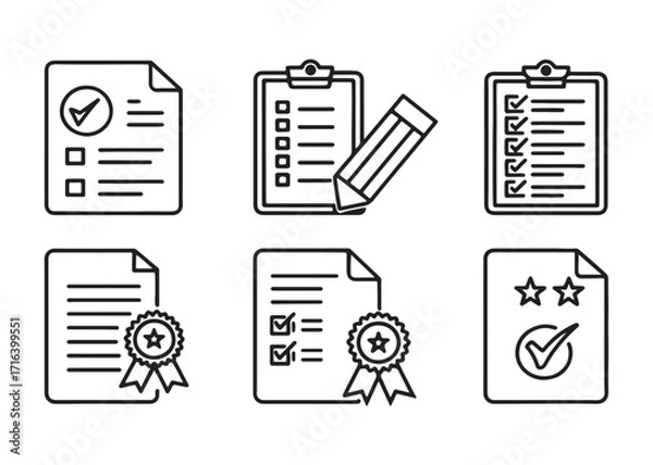 Fototapeta Vector Icon Set of Documents Clipboards and Pencils for Task Management and Business Processes Simplification Achieving Goals