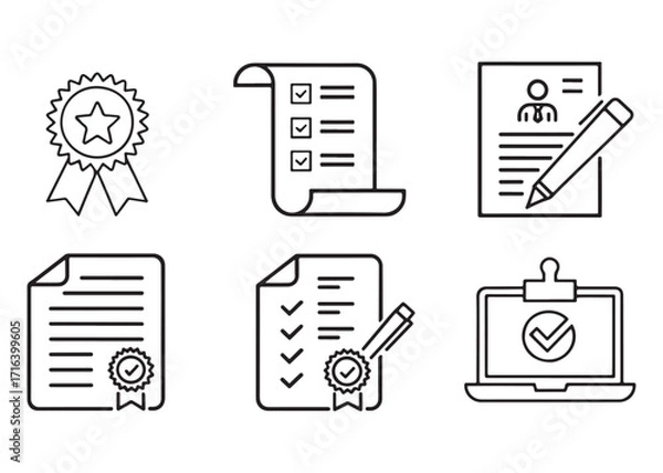 Fototapeta Vector illustration depicting document icons for certificate application checklist and online verification emphasizing achievement compliance and digital paperwork