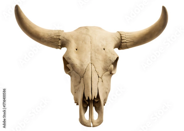 Fototapeta Front view of a bull skull with prominent curved horns against a background isolated on a transparent background