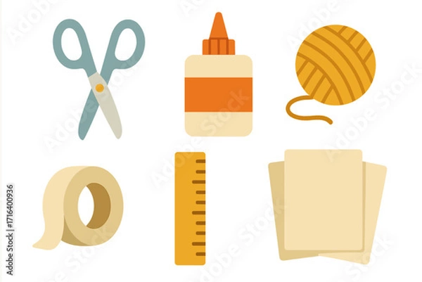 Fototapeta Flat design vector set of craft and school supplies. Creative hobby icons including scissors, glue, yarn, tape, ruler, and paper. DIY tools and art education elements.