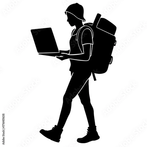 Fototapeta Silhouette of person with backpack using laptop computer 1