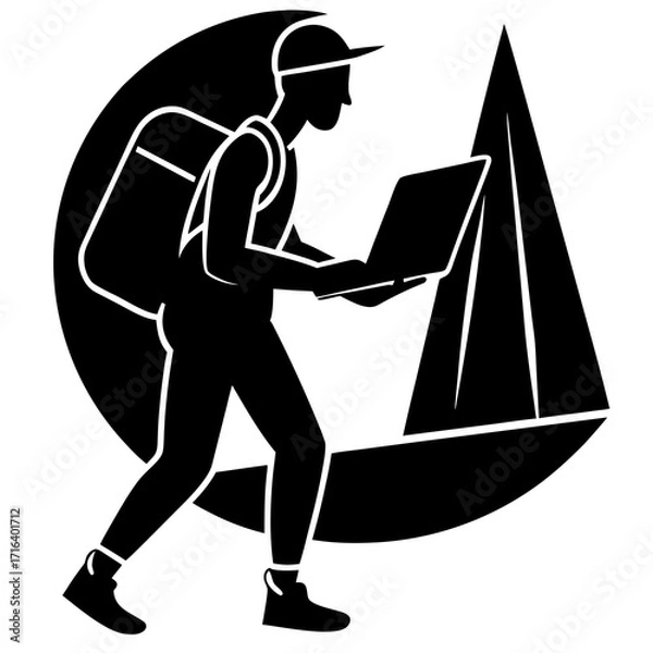 Fototapeta Silhouette of person with backpack using laptop near sailboat