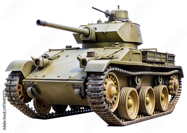 Obraz Green Military Tank with Turret and Tracks on White Background vehicle army isolated on a transparent background