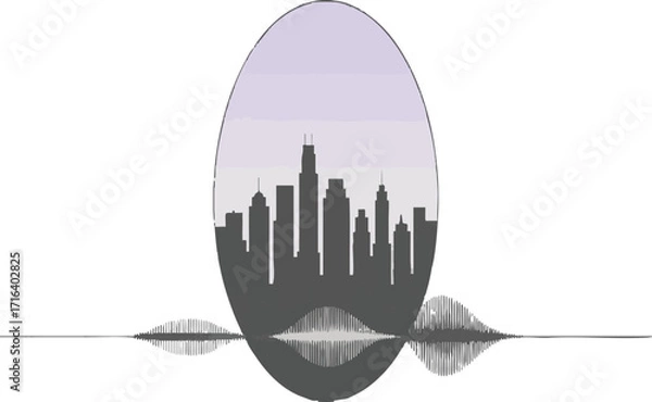 Fototapeta City skyline silhouette within a circle, audio wave below white background.