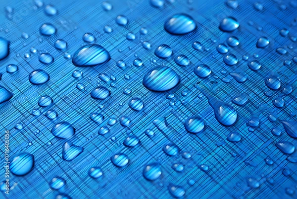 Fototapeta Close up macro shot of many clear blue water droplets on a textured blue surface