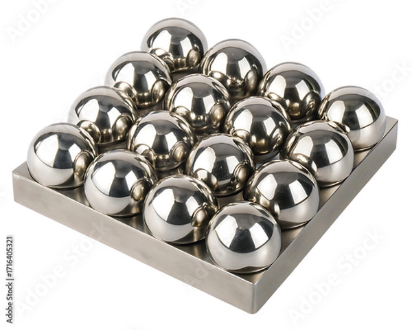 Fototapeta Grid of Polished Metallic Spheres on a Metal Tray balls shiny isolated on a transparent background
