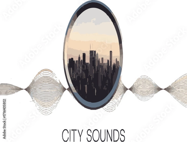 Fototapeta City skyline silhouette within a circle, audio wave below white background.