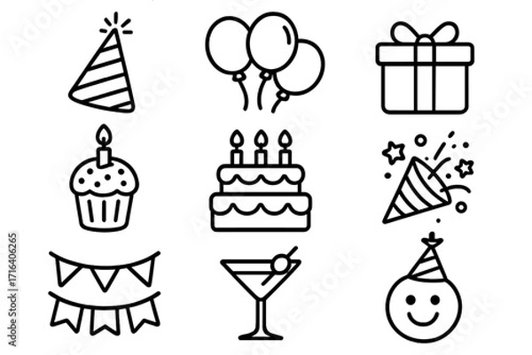 Fototapeta Simple party line icon set for birthday celebration. Minimalist vector illustration collection. Graphic symbols for festive design with cake, balloon, gift, cupcake, popper.