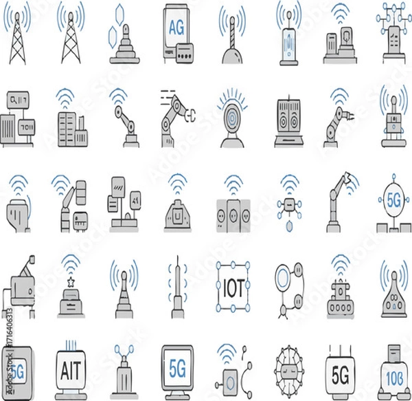 Fototapeta Set of 100 technology icons. Industry 4.0 concept factory of the future. Technology progress: 5g, ai, robot, iot, near field communication, programming and many more - stock vector on white background