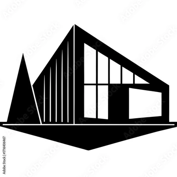 Fototapeta Black abstract geometric house with large windows architecture