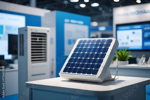 Fototapeta Close up of a portable solar panel on display at a modern technology exhibition with clean energy equipment